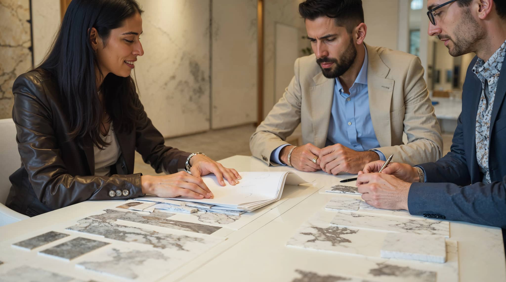 Professional marble selection consultation with stone samples