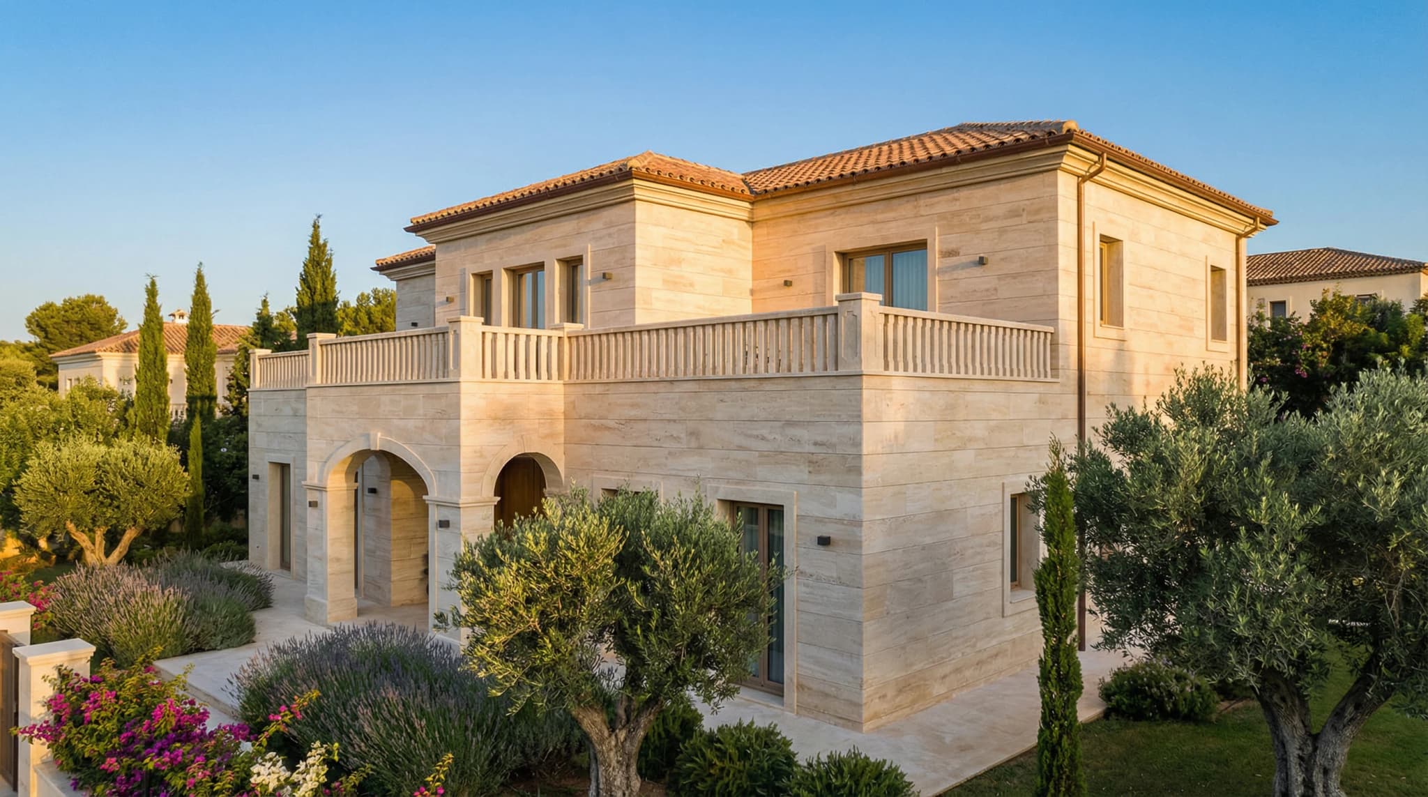 Mediterranean villa with full travertine exterior cladding showing warm natural stone facade with arched entryways and olive tree landscaping