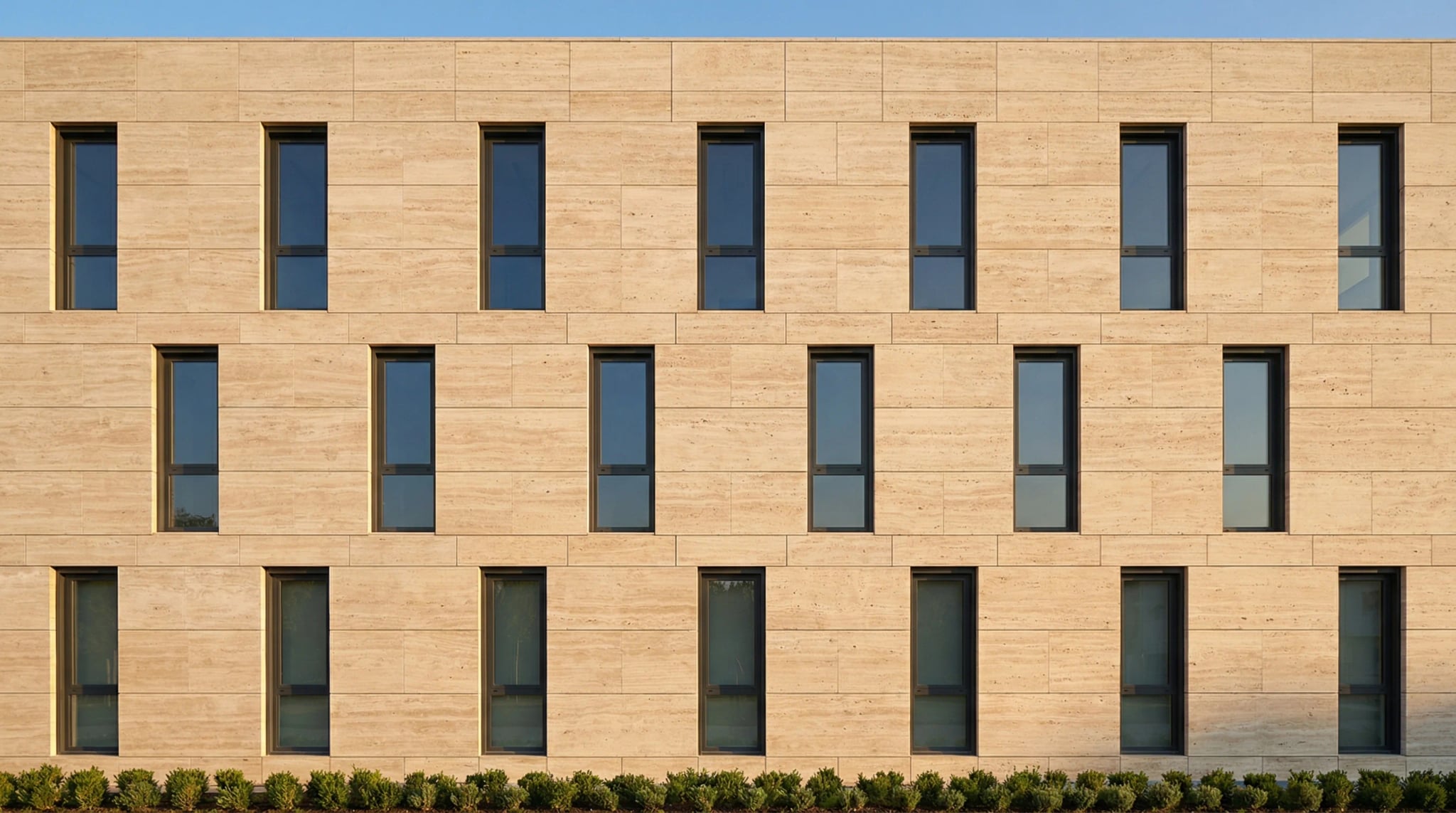 Modern commercial building facade clad in large-format Turkish travertine panels with warm beige tones and rhythmic window grid
