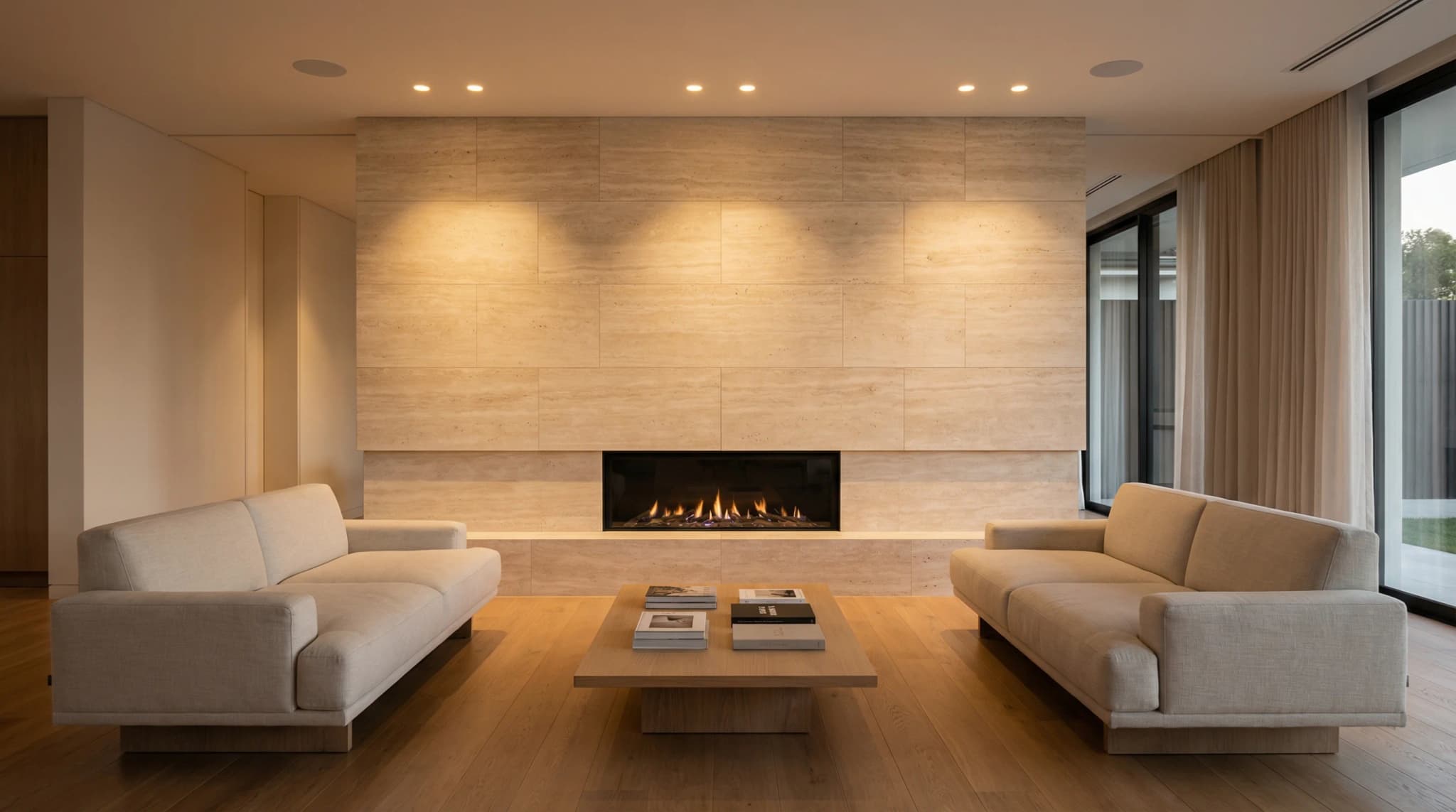 Luxurious living room featuring a travertine accent wall behind a modern linear fireplace with warm ambient lighting and contemporary furniture