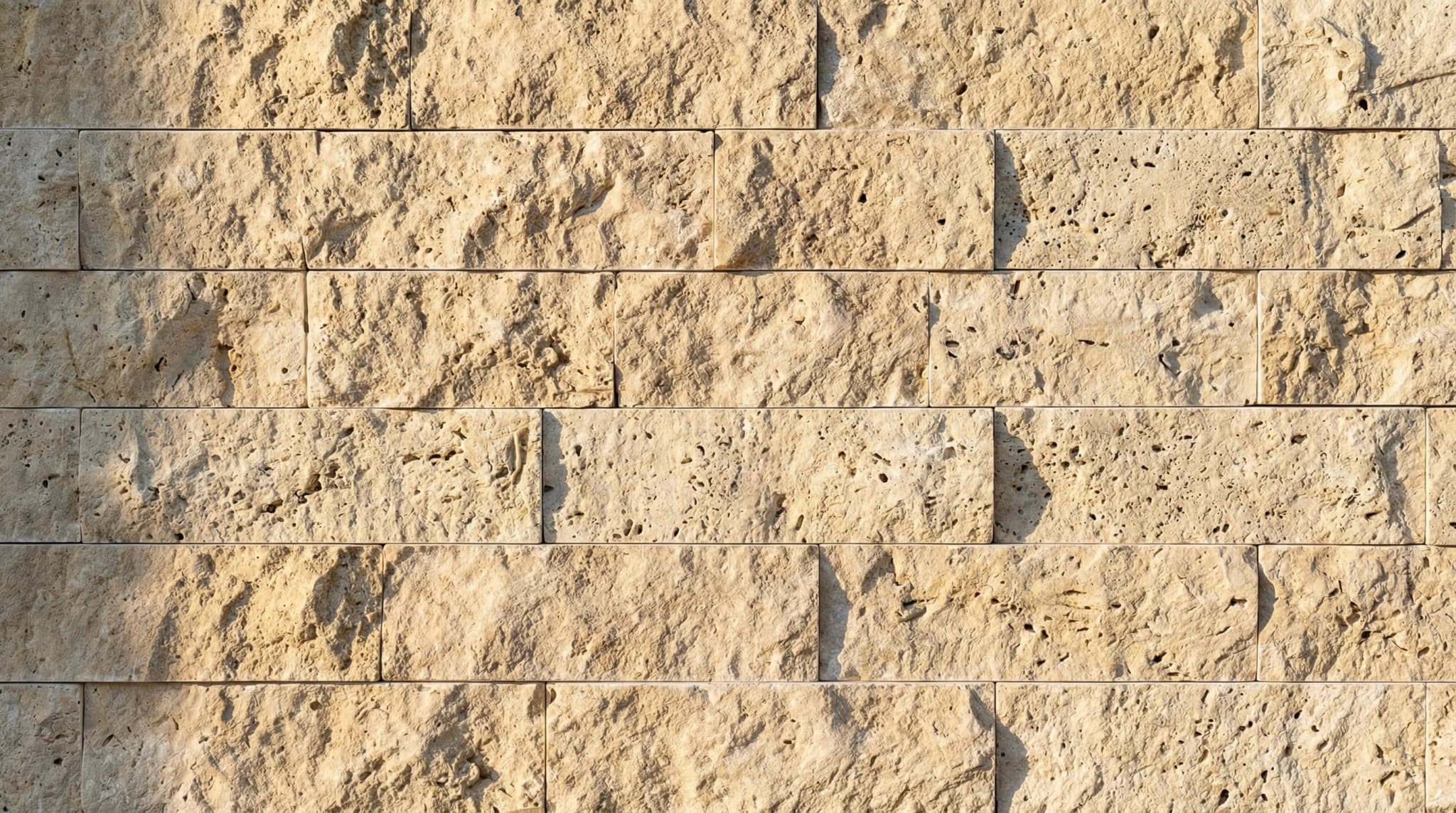 Close-up of split-face travertine wall cladding showing rough rocky texture with natural pores in staggered brick pattern and warm cream-beige tones