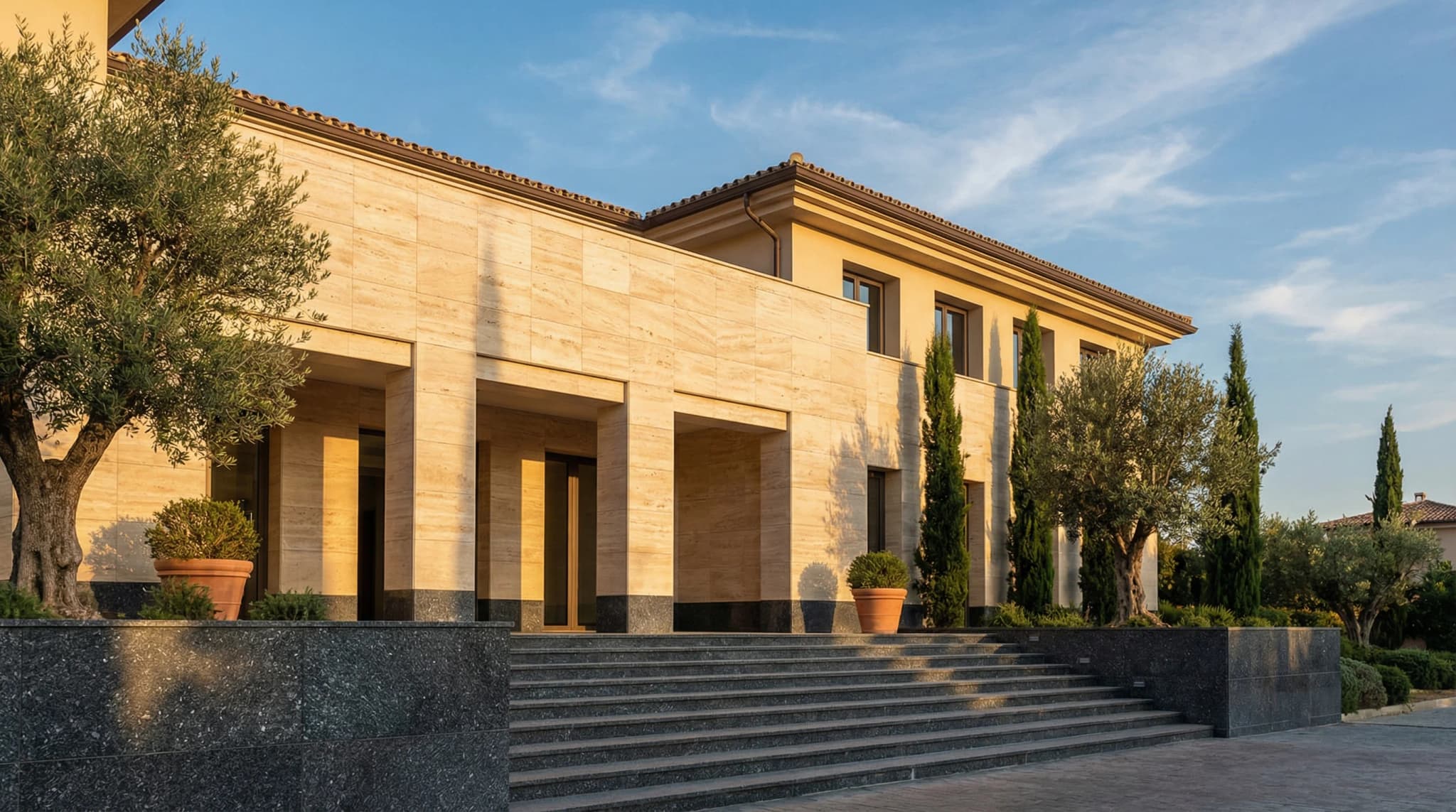 Mediterranean building with warm travertine facade cladding over dark polished granite base and entrance steps