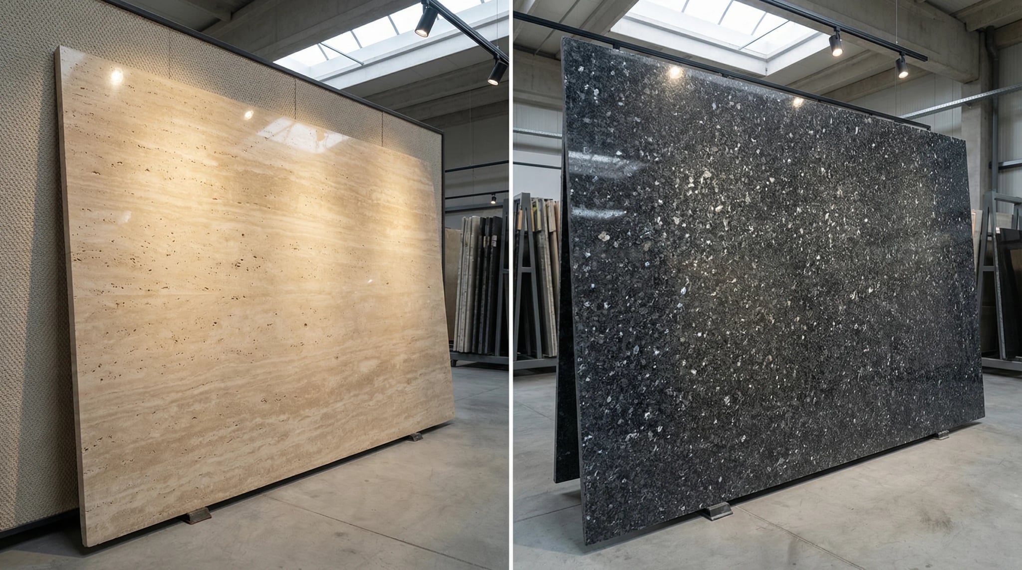 Premium Turkish travertine and dark granite slabs displayed side by side in a professional stone factory showroom