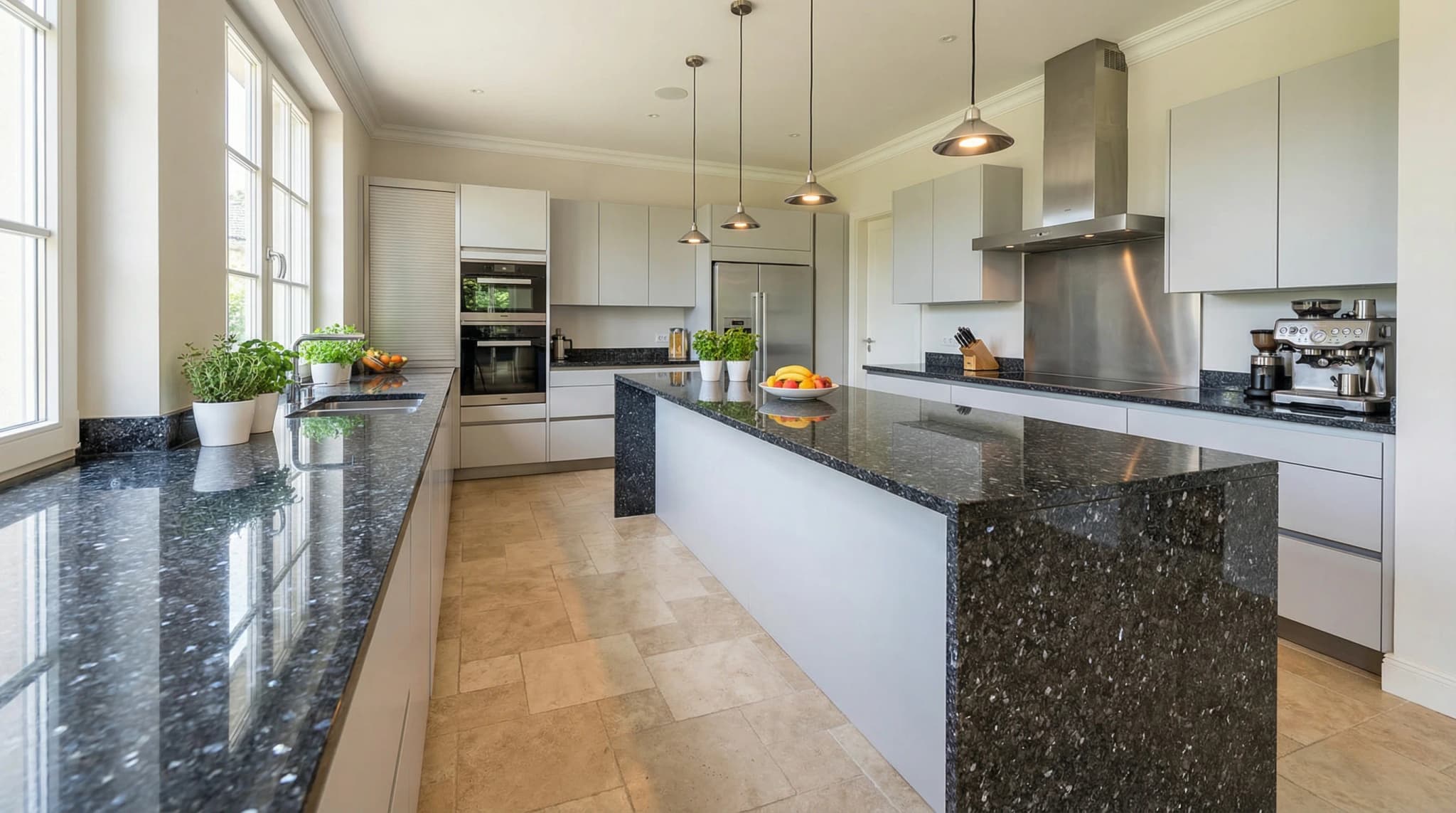 Modern luxury kitchen with dark polished granite countertops and warm beige travertine tile flooring showing complementary natural stone applications