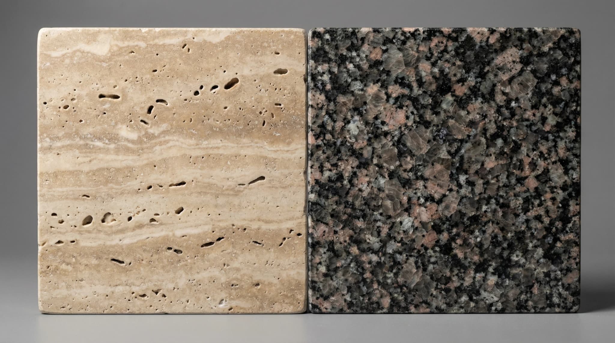 Close-up macro comparison of Turkish travertine with sedimentary banding and irregular pores next to speckled granite with visible crystalline minerals
