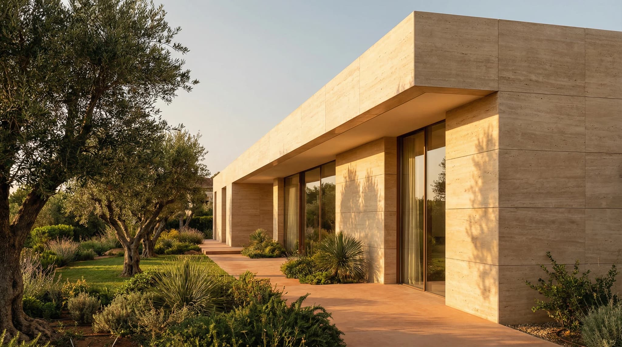 Mediterranean villa with travertine exterior cladding showing warm natural stone facade in architectural setting