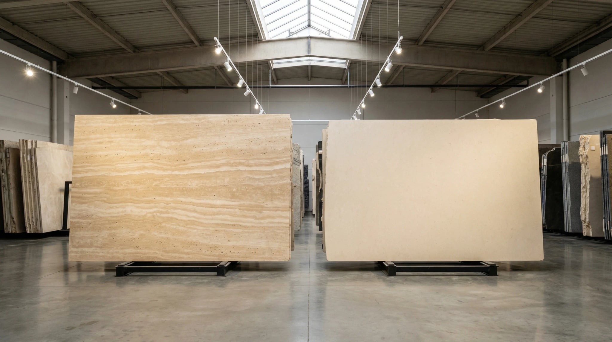Premium travertine and limestone slabs displayed in a Turkish stone factory showroom for professional buyers