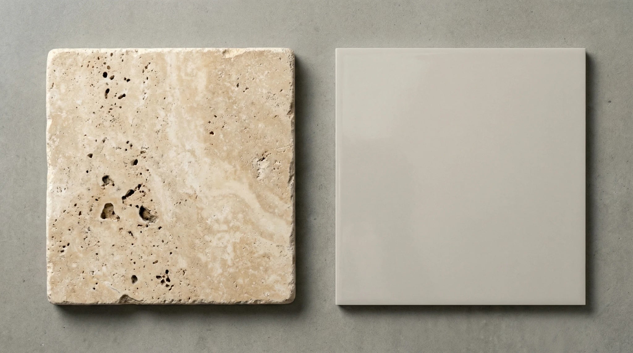 Side-by-side comparison of natural travertine stone and manufactured porcelain tile in a contemporary architectural setting