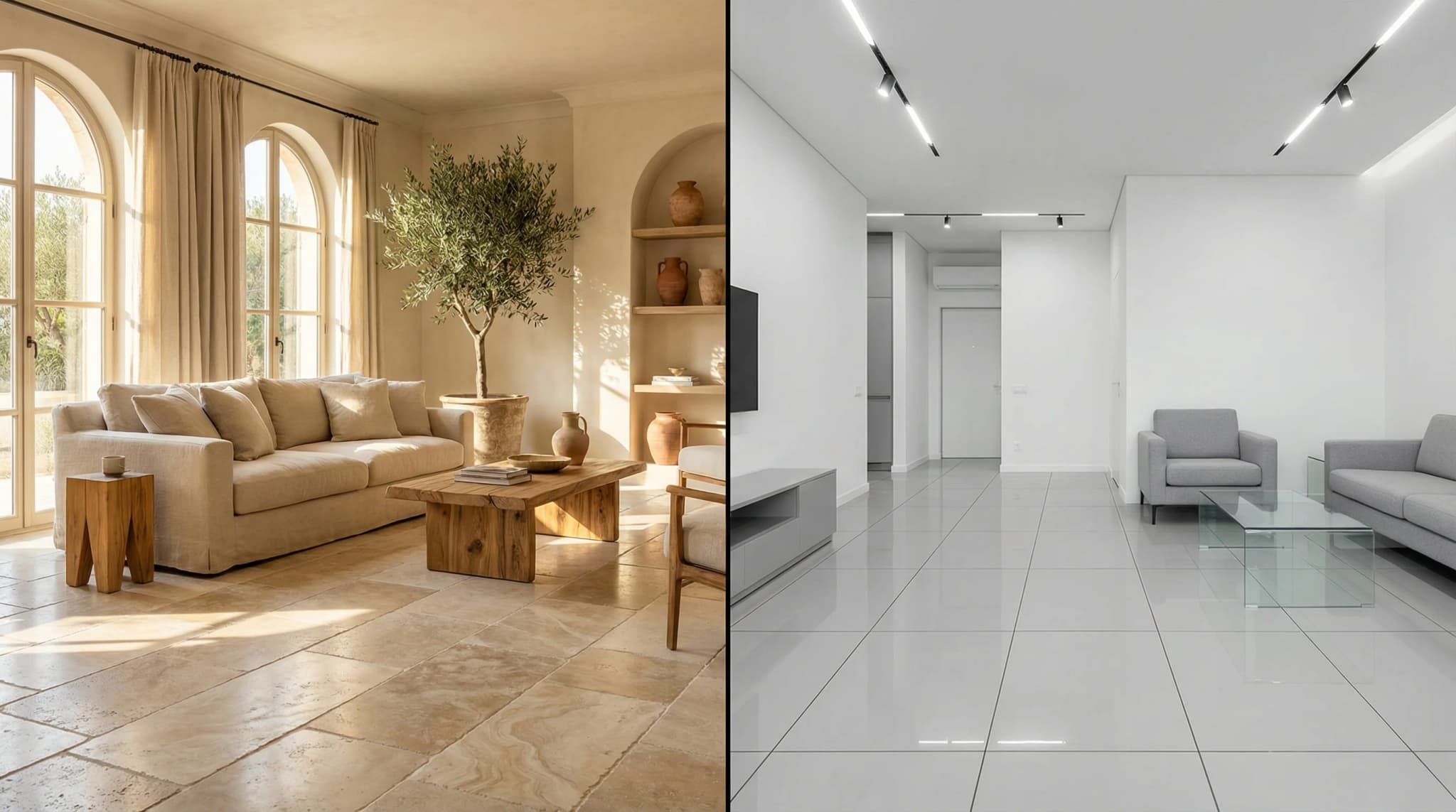 Espacio interior moderno con aplicaciones de travertino y porcelánico demostrando diferencias estéticas