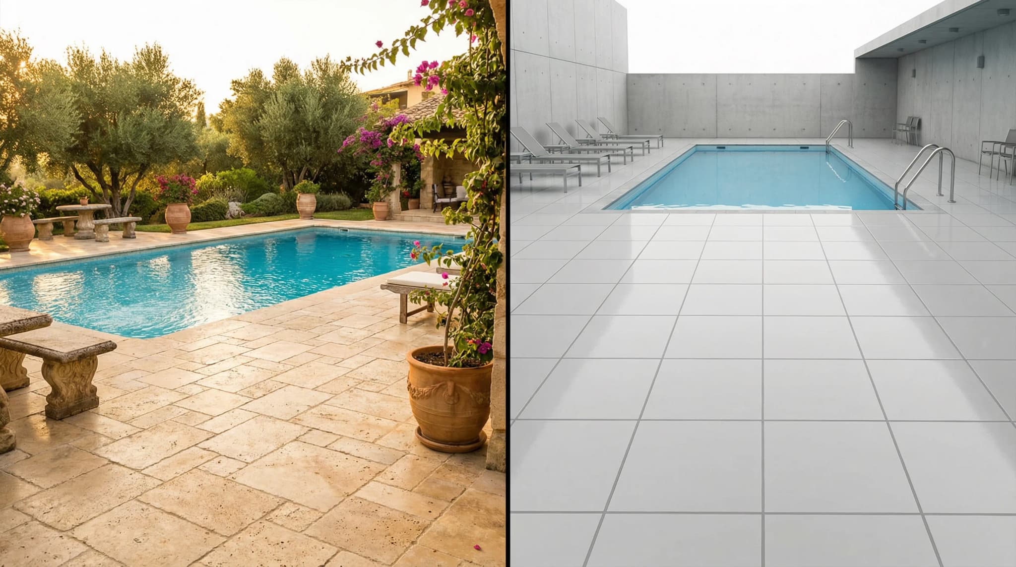Zona de piscina comparando deck de travertino natural con borde de porcelánico mostrando diferencias de material en exterior
