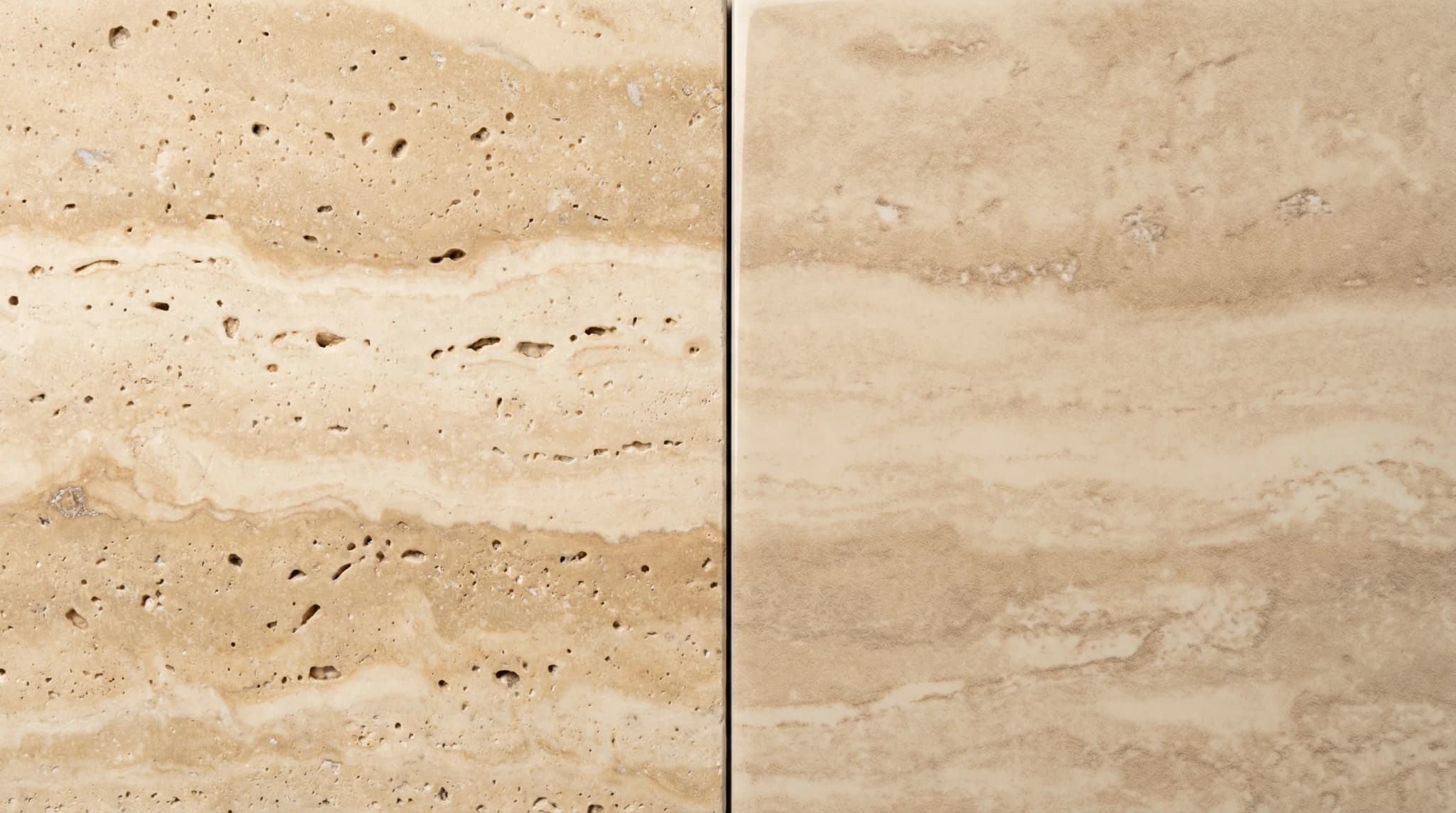 Close-up texture comparison showing natural travertine pores and warmth versus uniform manufactured porcelain surface