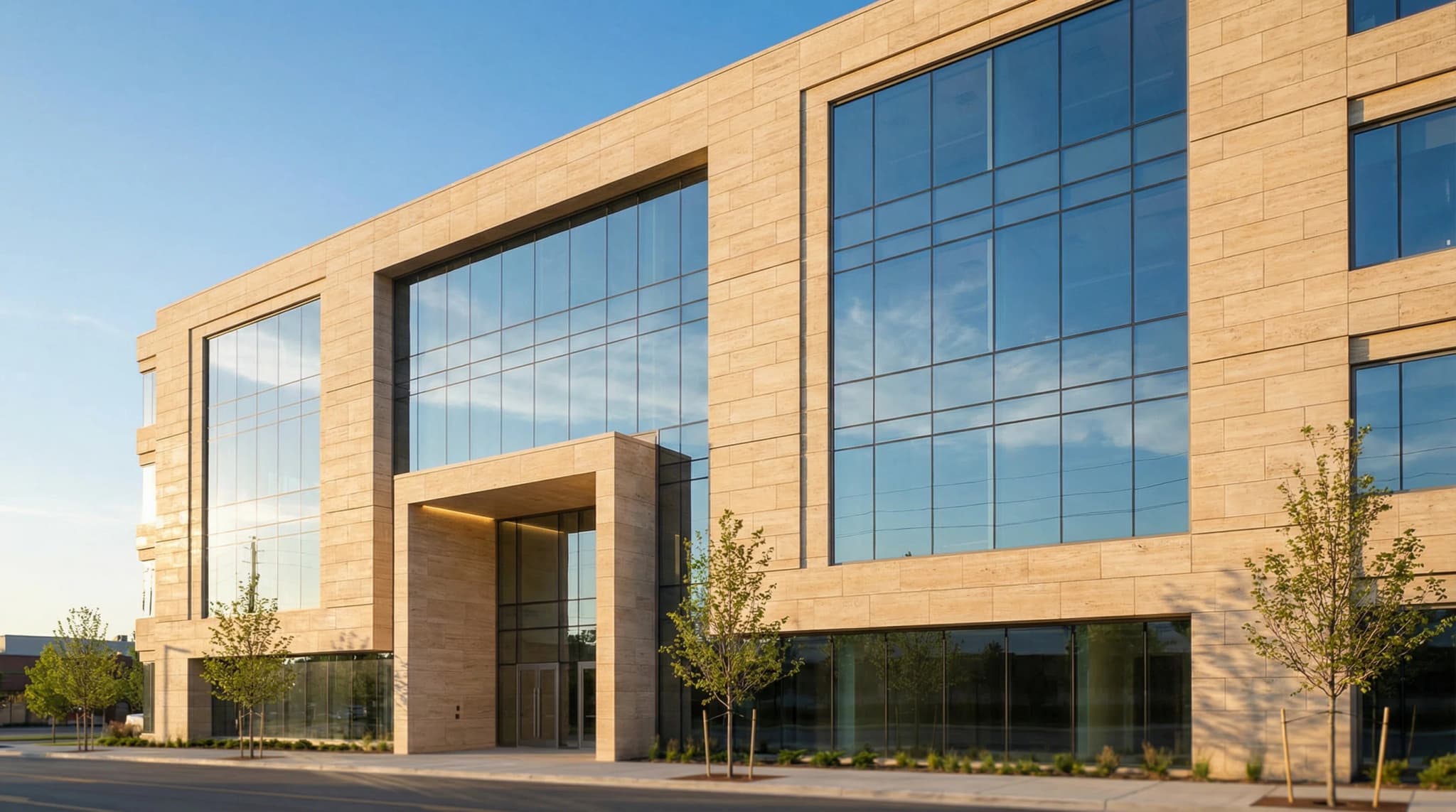 Modern commercial building exterior clad in Turkish travertine facade panels with clean geometric lines