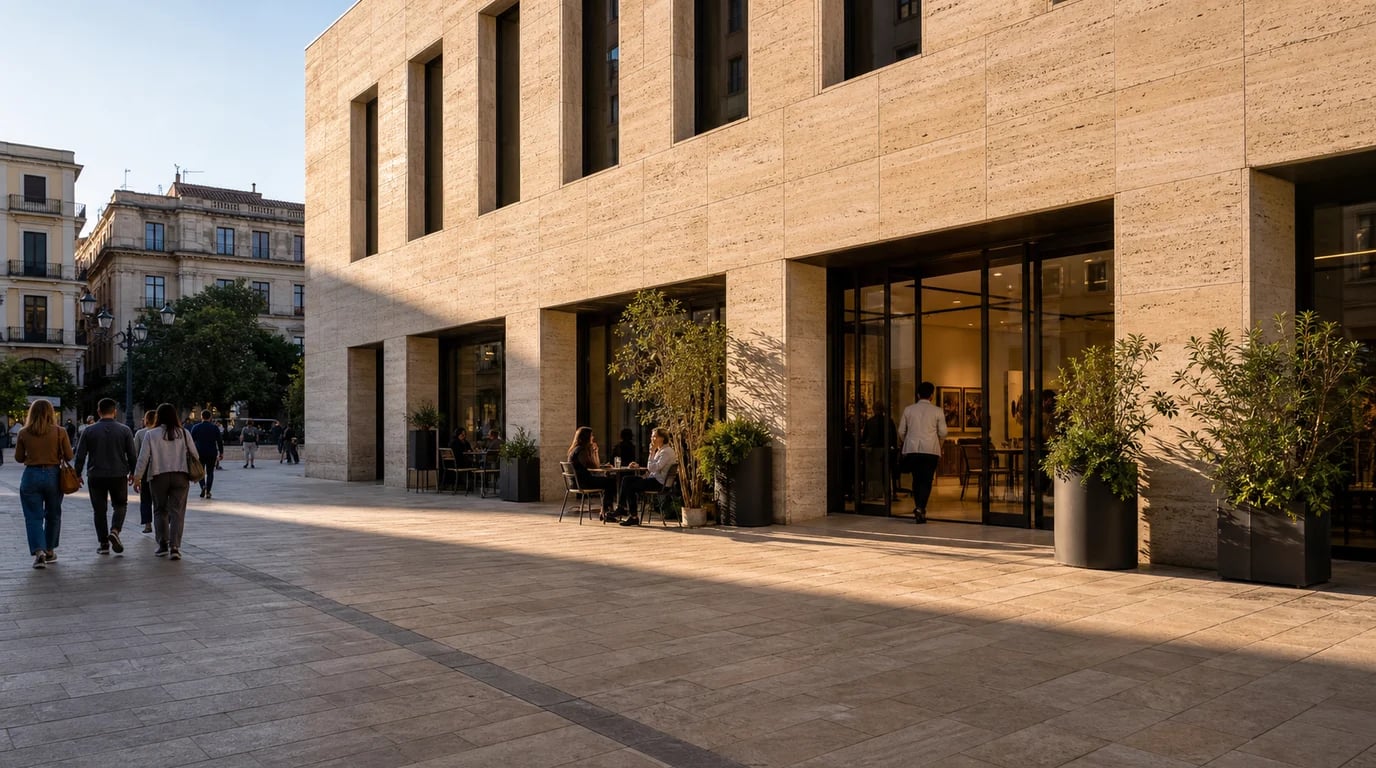 Modern commercial building with ventilated natural stone facade featuring Turkish travertine cladding panels in warm tones