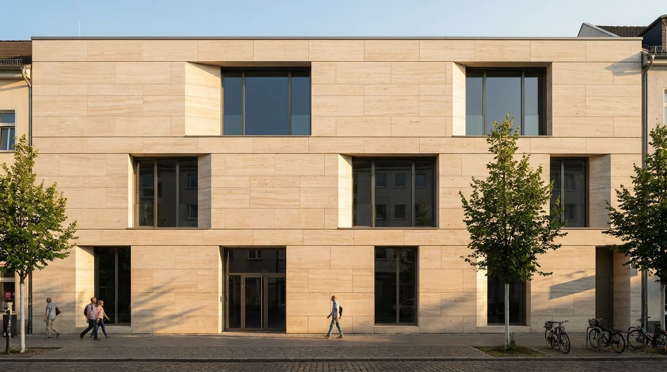 Edificio comercial moderno con fachada ventilada de piedra natural con paneles de revestimiento de travertino turco en tonos cálidos