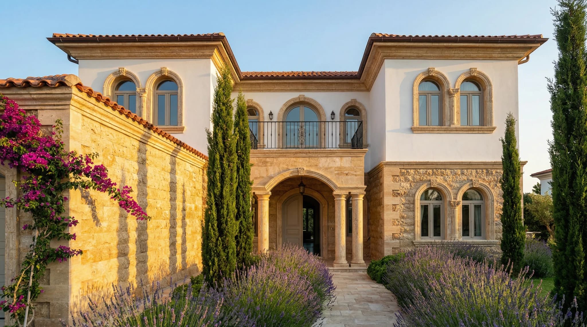 Residential building featuring natural stone facade cladding with warm travertine tones and precise panel alignment