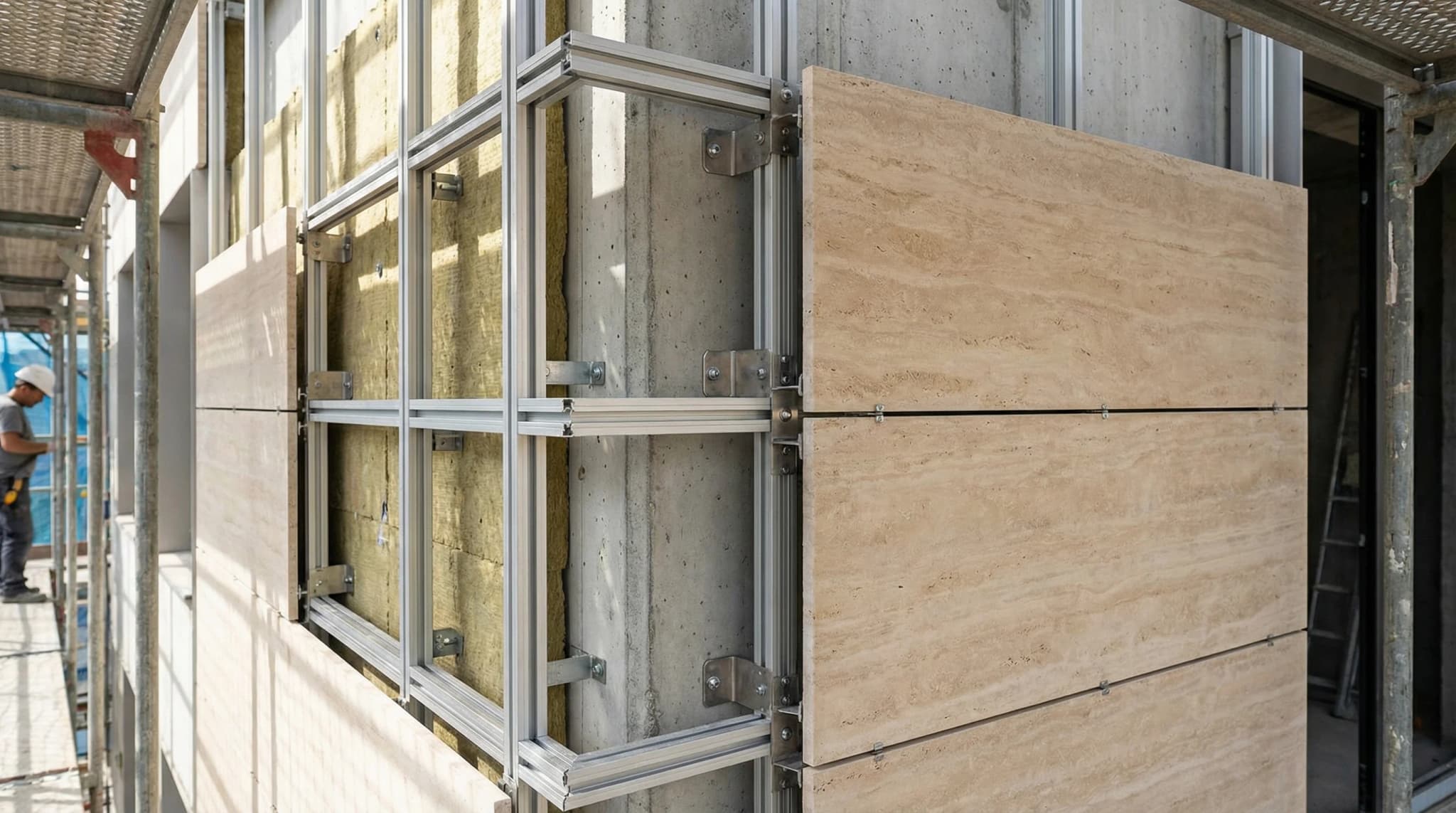 Cross-section detail of a ventilated natural stone facade system with visible air gap and aluminum substructure