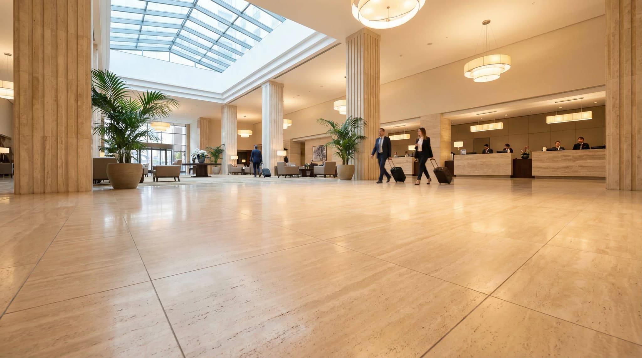 Gran vestibulo de hotel de lujo con suelo de travertino turco pulido, columnas altas y claraboya demostrando durabilidad en alto tráfico comercial