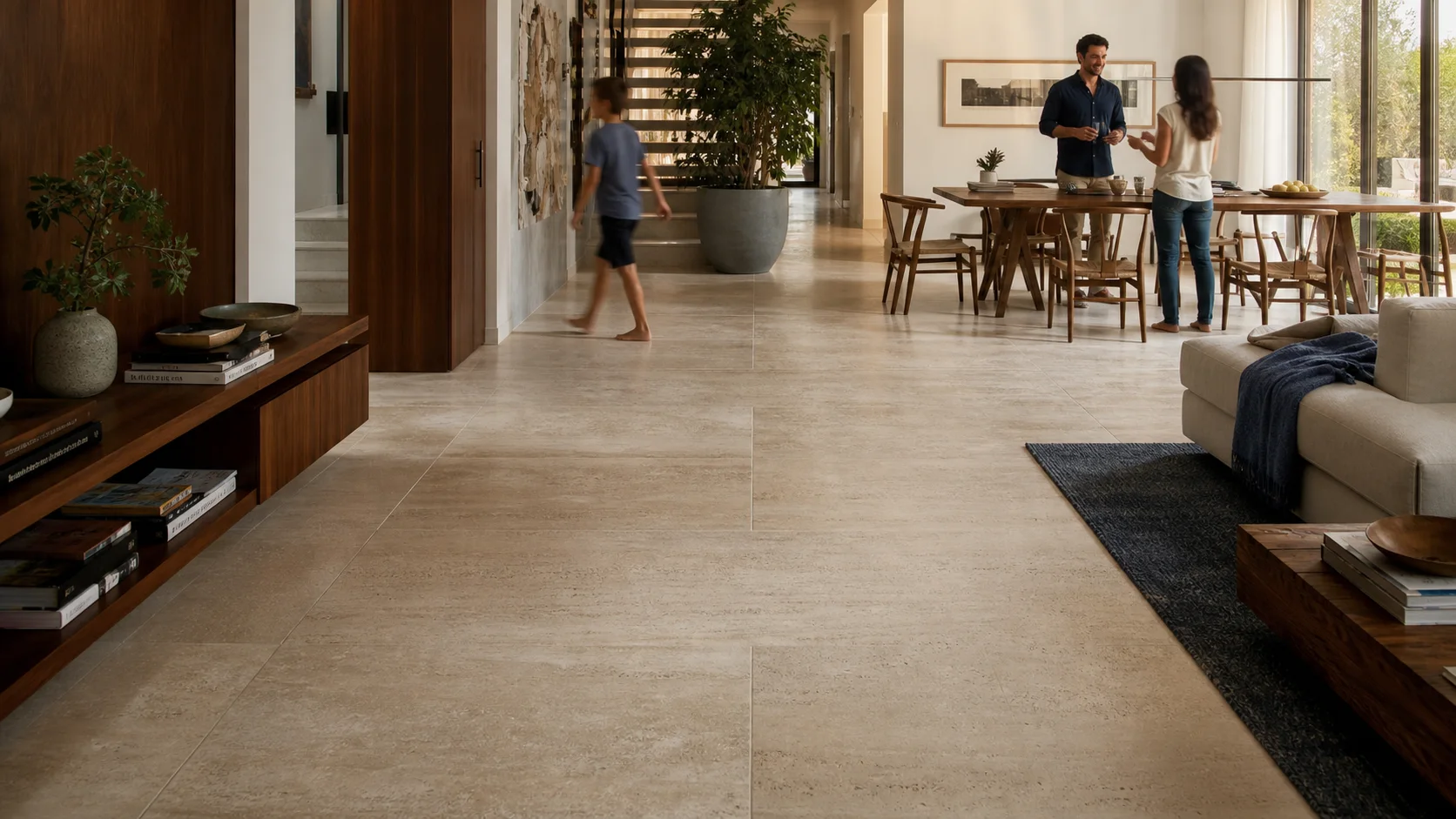 Hogar mediterráneo habitado con una familia sobre suelo de travertino turco apomazado de gran formato y luz natural cálida