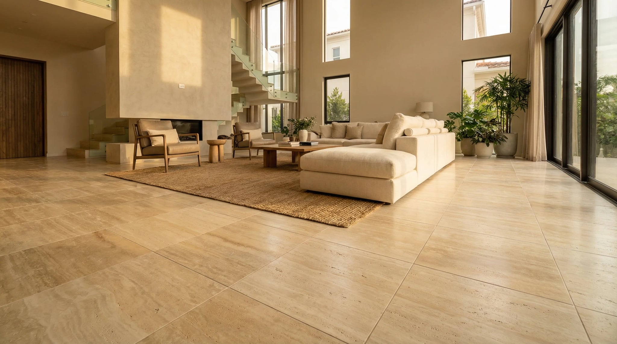Suelo de travertino apomazado en formato grande en un salon residencial contemporaneo con luz natural cálida