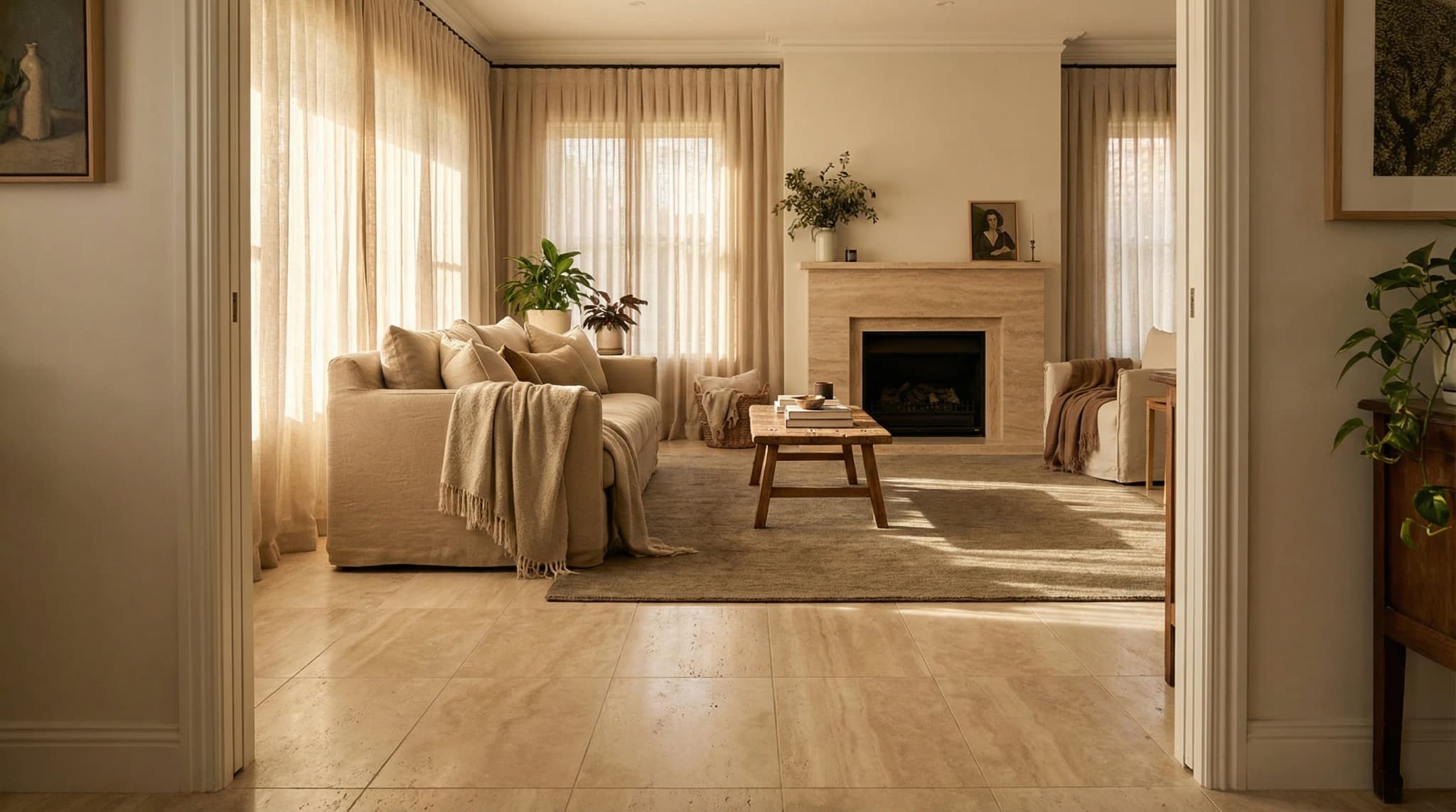 Acogedor salon mediterráneo con suelo de travertino apomazado, sofa de lino y chimenea revestida de travertino bajo luz cálida de tarde