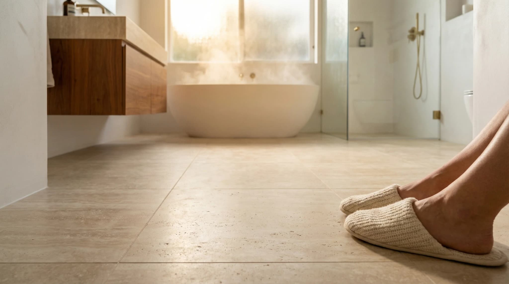 Baño moderno con suelo de travertino apomazado y calefacción radiante, pies descalzos en zapatillas transmitiendo confort térmico