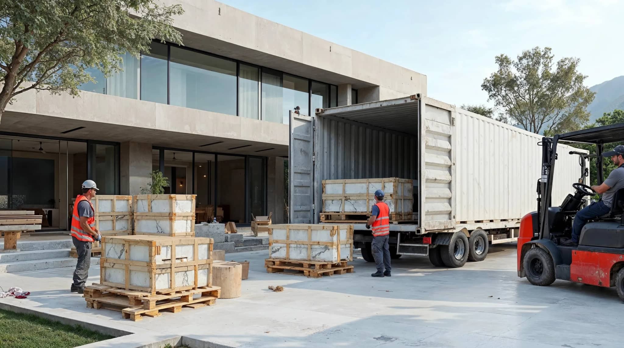 Travertin et marbre turcs d'exception Turkish marble delivery and installation at modern construction site