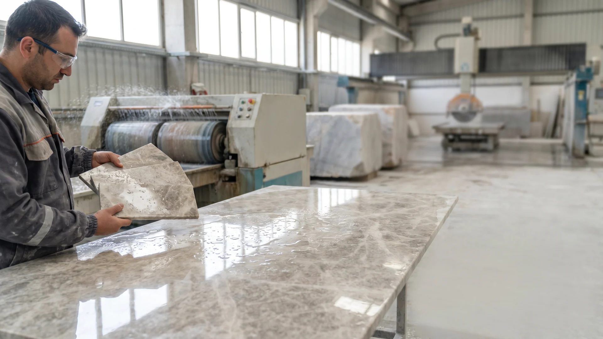 Dalles premium de marbre turc sélectionnées pour l'exportation dans une salle d'exposition de pierre naturelle