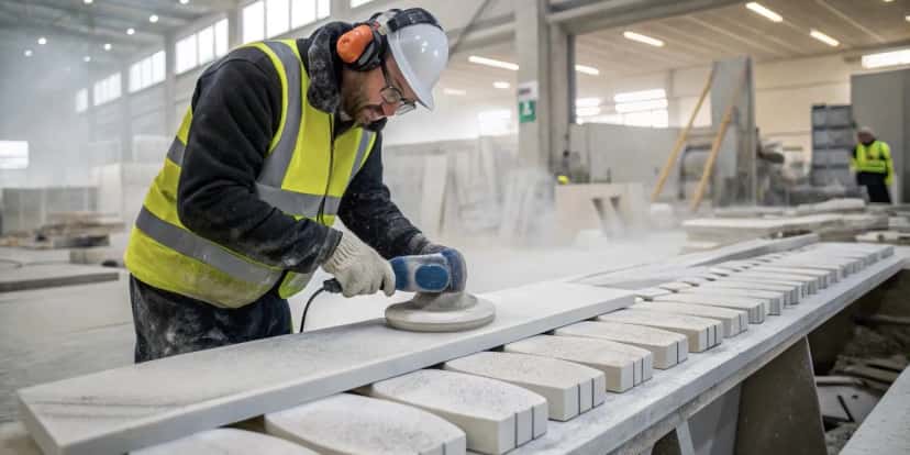 Artisan polissant des pièces de marbre découpées sur mesure dans un atelier de fabrication turc moderne