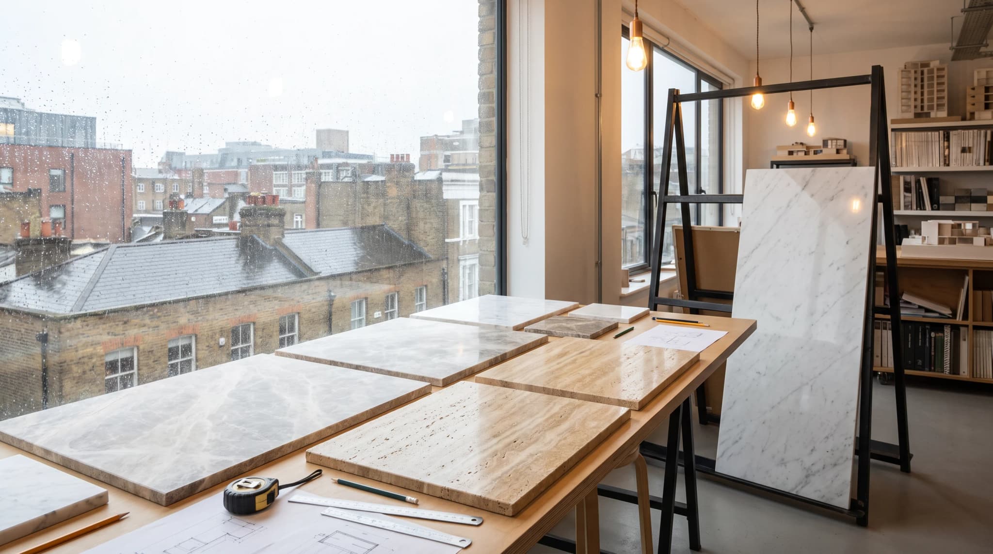 UK stone specification studio with Turkish marble and travertine samples