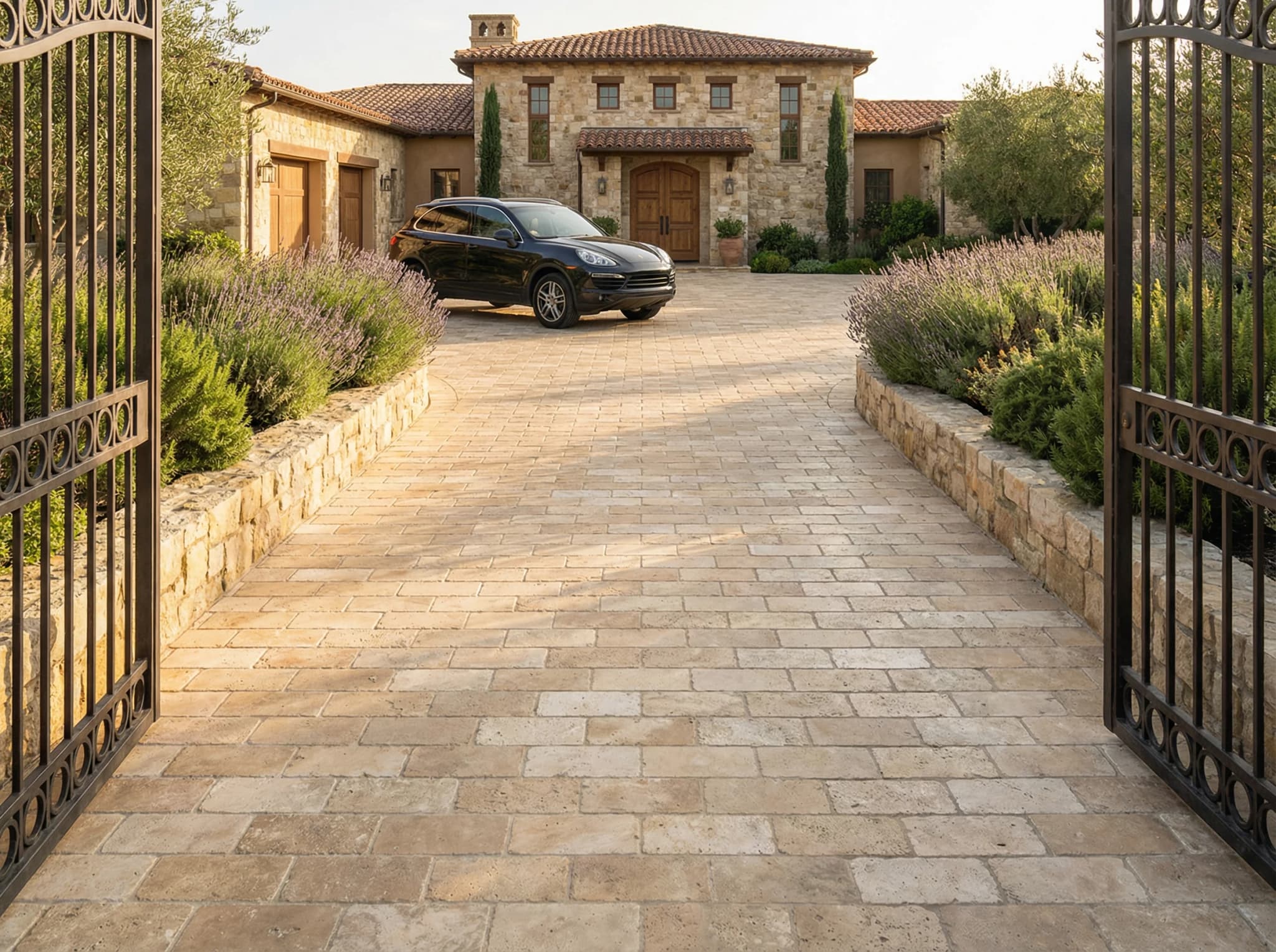 Grand Mediterranean villa driveway paved with thick tumbled travertine pavers in running bond pattern with iron entrance gates