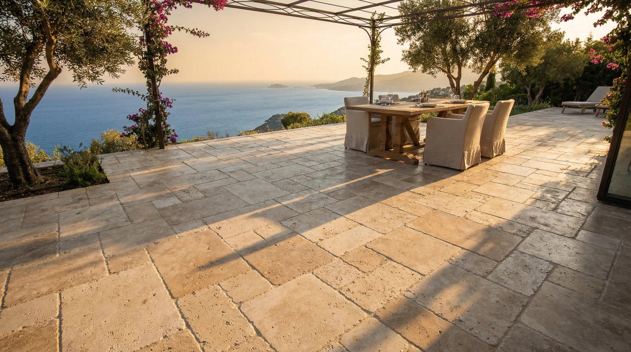 Mediterranean terrace paved with tumbled Turkish travertine pavers in French pattern layout overlooking the sea at golden hour