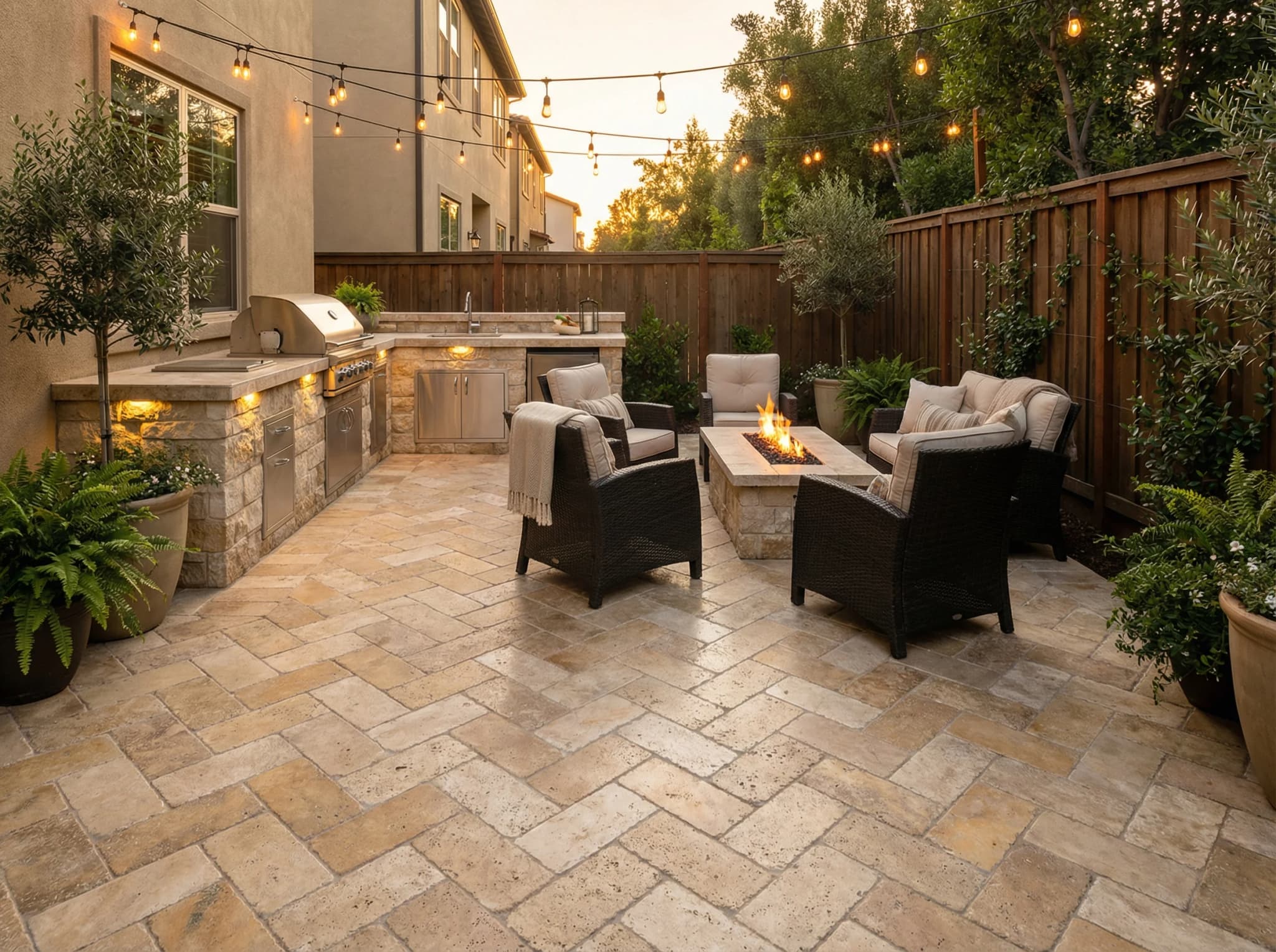 Residential outdoor patio with herringbone travertine pavers, built-in BBQ kitchen, fire pit seating area, and string lights at twilight