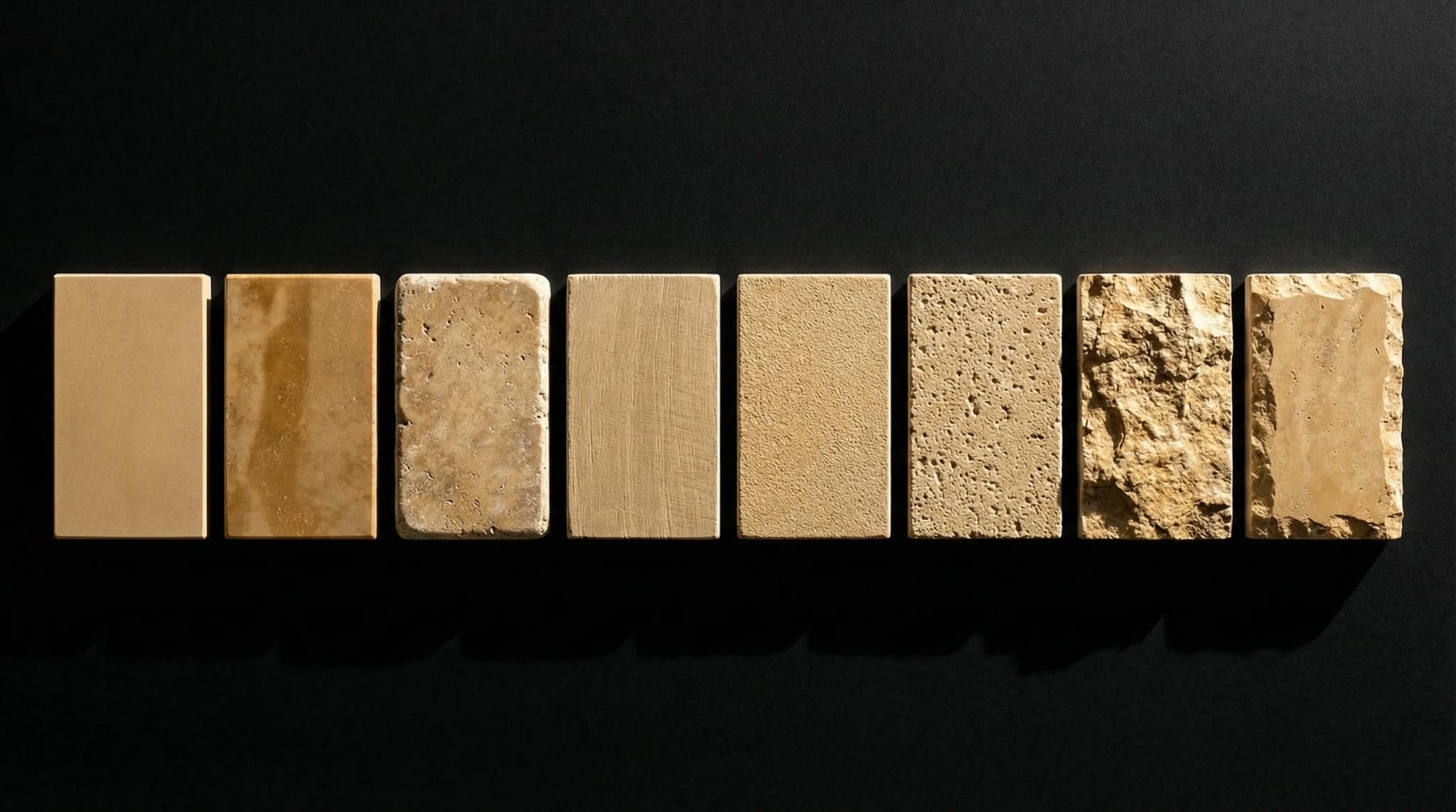 Huit échantillons de travertin beige présentant des finitions lisses, texturées et rustiques