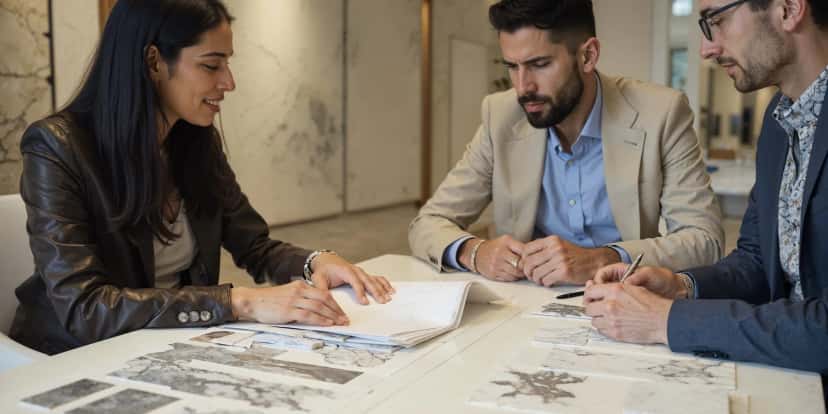 Turkish marble consultation meeting with stone samples and architectural plans in professional office