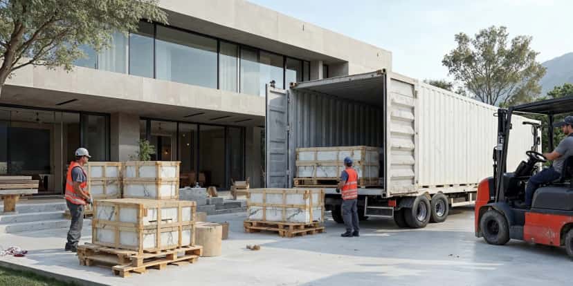 Livraison de conteneur de marbre turc sur chantier résidentiel moderne avec équipe logistique professionnelle