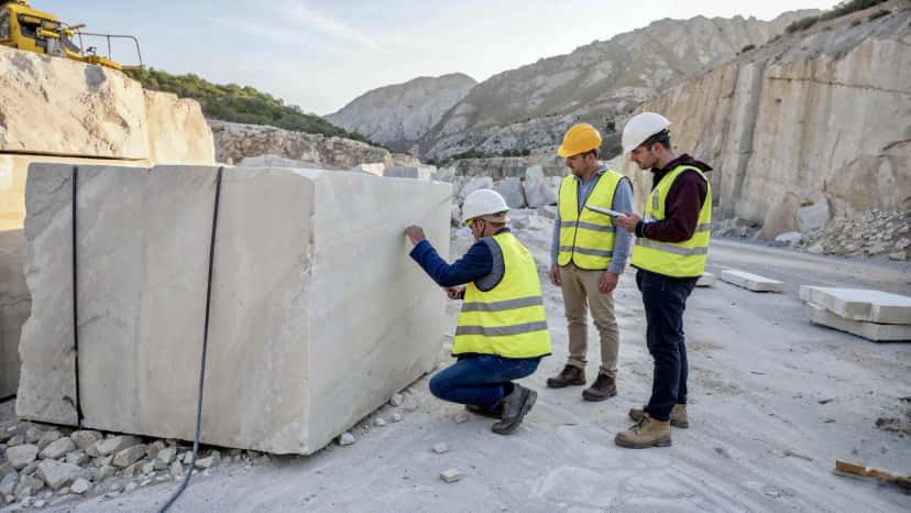 Turkish quarry experts inspecting white marble blocks at Mediterranean limestone quarry site