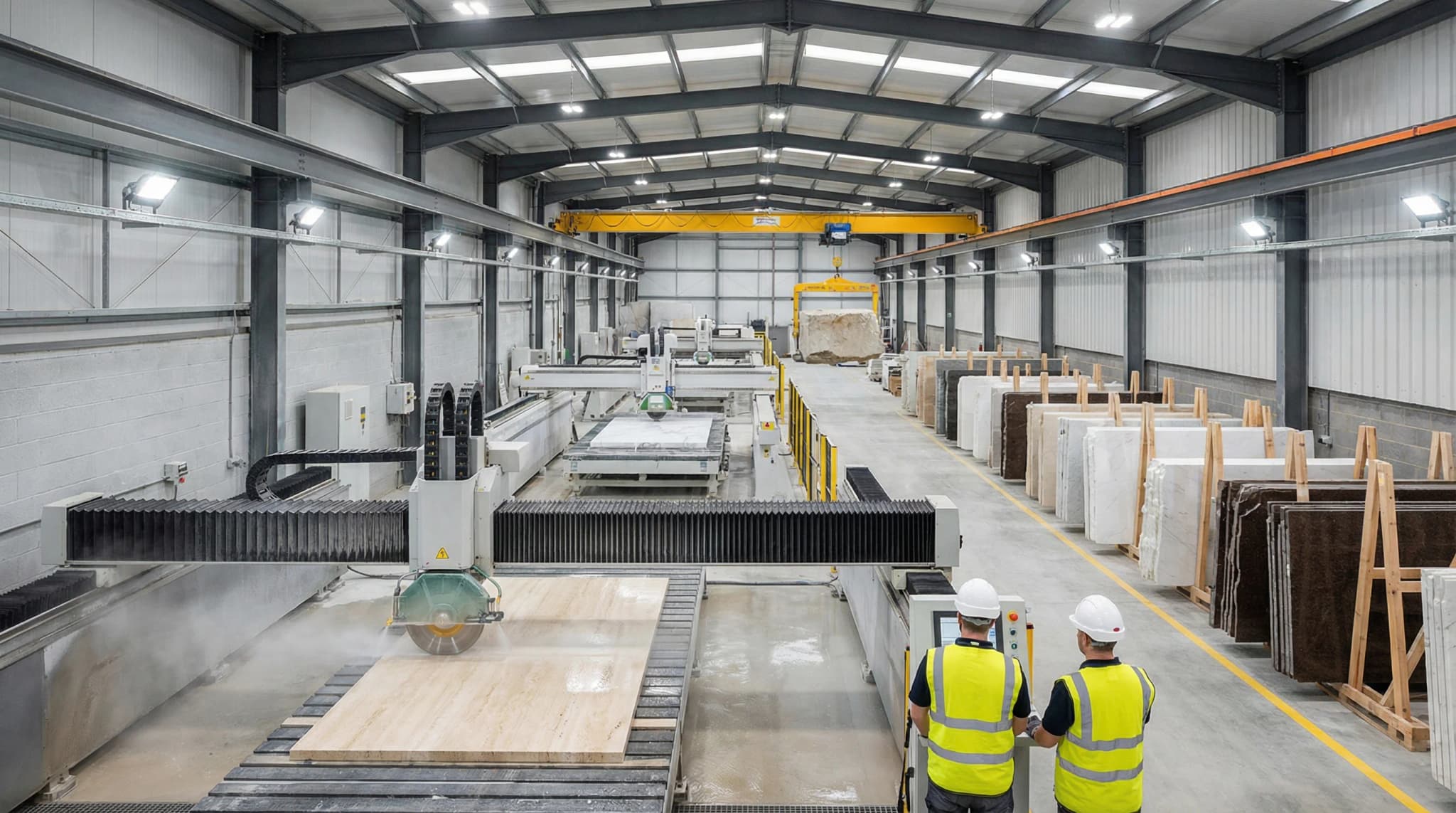 Interior de una fábrica moderna de procesamiento de piedra natural turca con maquinas de corte CNC y líneas de calibración automatizadas produciendo losas de mármol y travertino