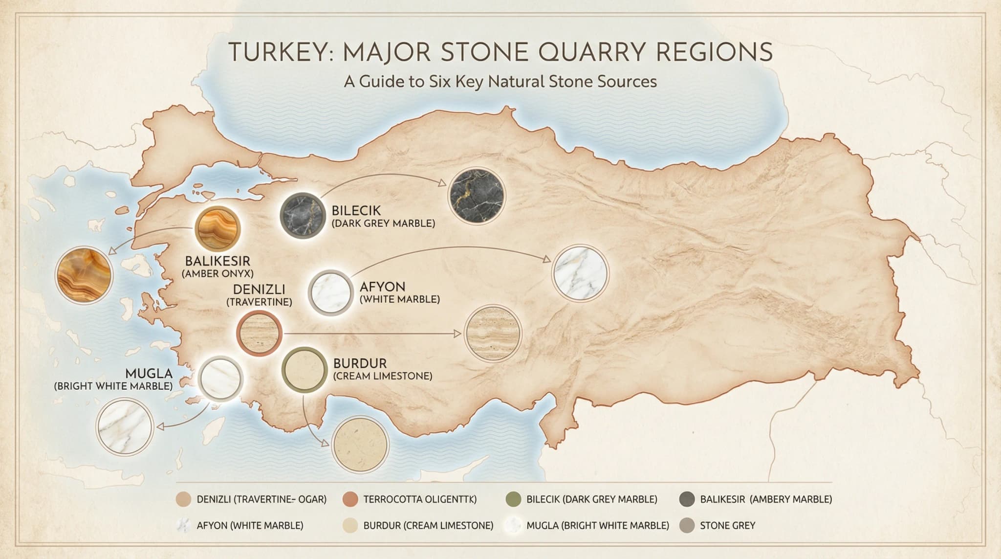 Mapa de las principales regiones de canteras de piedra natural de Turquía