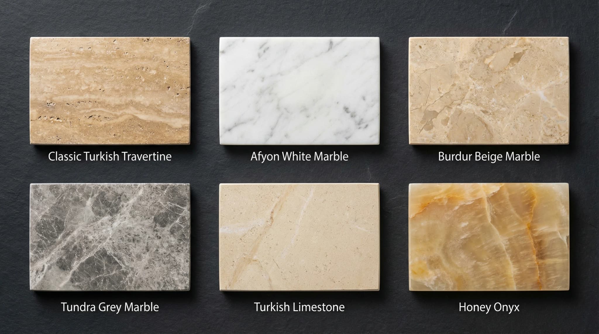 Cuadricula mostrando diferentes tipos de piedra natural turca incluyendo travertino mármol y caliza