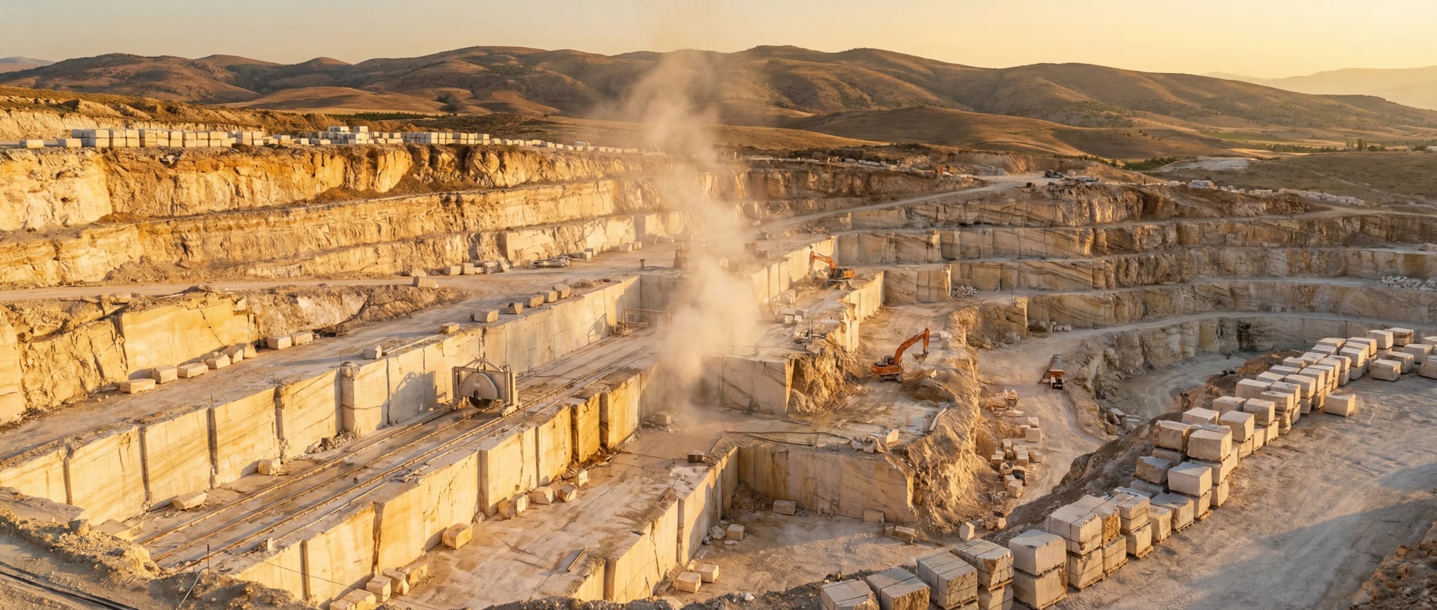 Cantera de piedra natural turca con bloques de mármol y travertino siendo extraidos