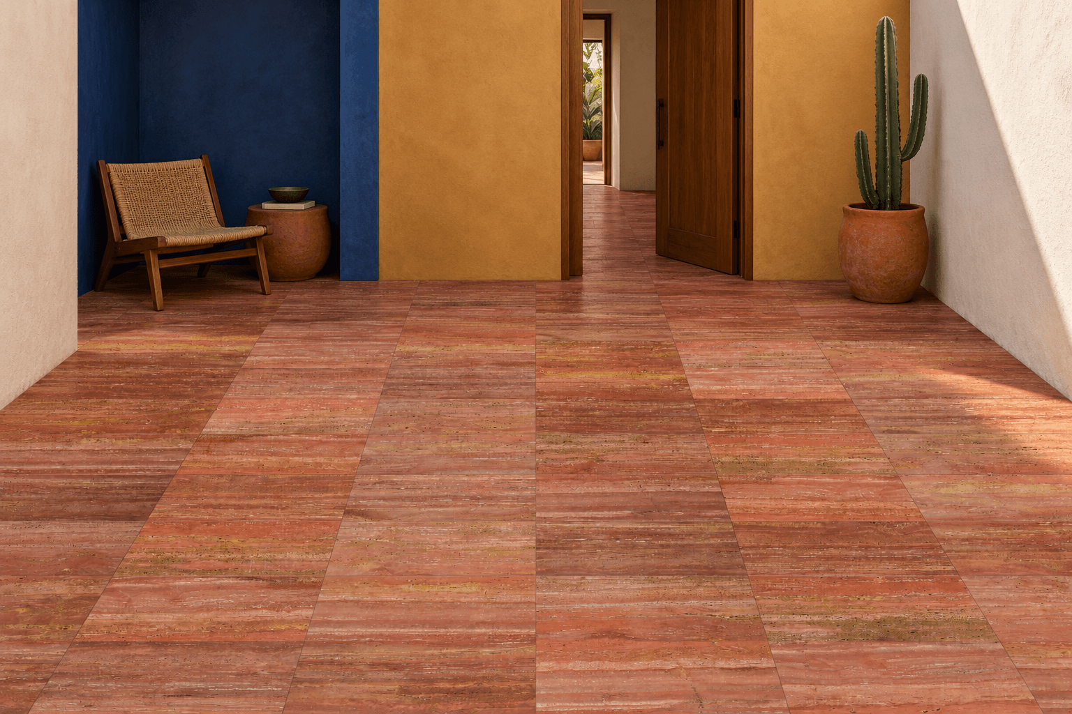 Persian Red Travertine flooring in a Mexican modernist courtyard — architectural visualization Persian Red Travertine flooring in a Mexican modernist courtyard — architectural visualization