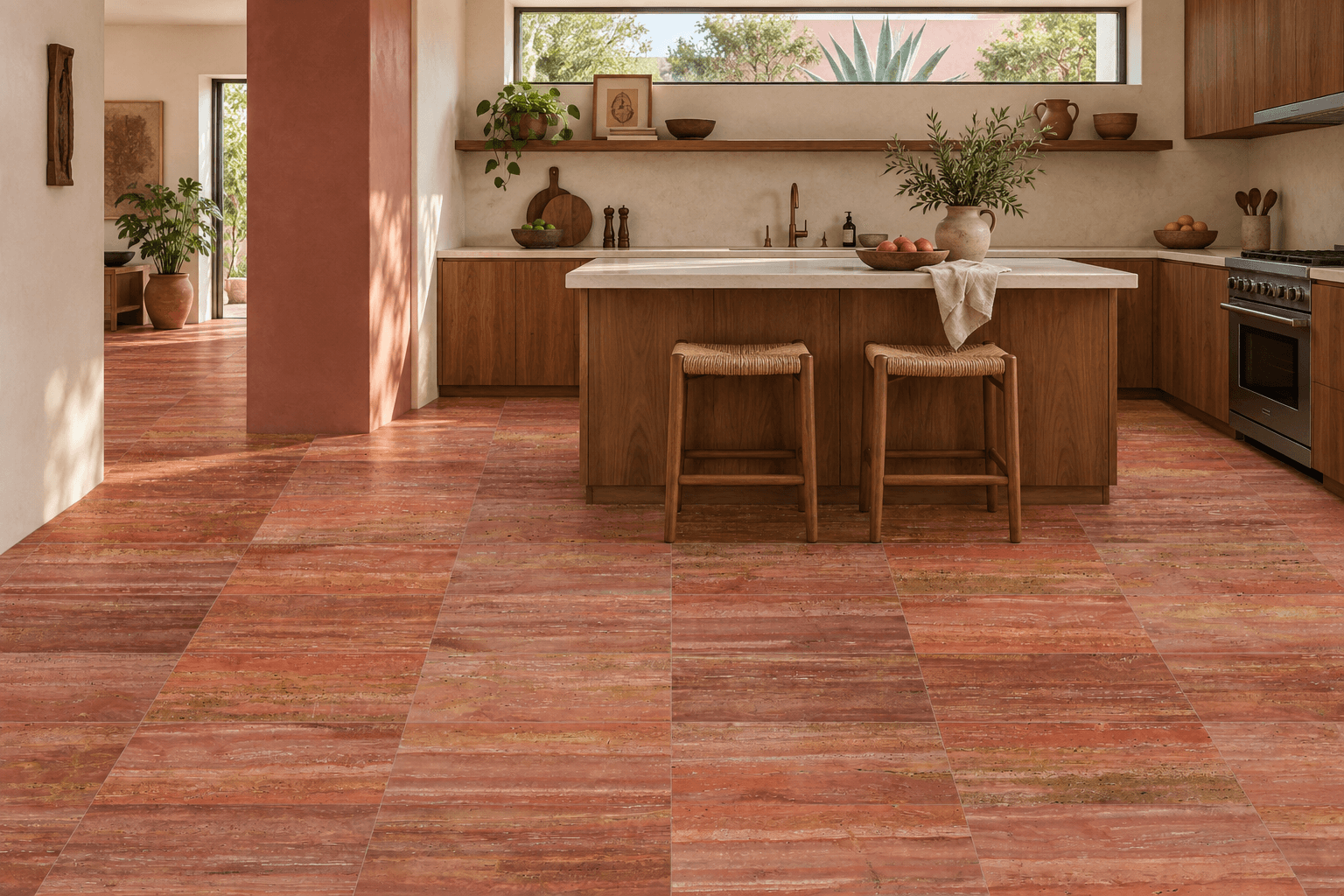 Continuous Persian Red Travertine flooring in a Mexican modernist kitchen — architectural visualization Continuous Persian Red Travertine flooring in a Mexican modernist kitchen — architectural visualization