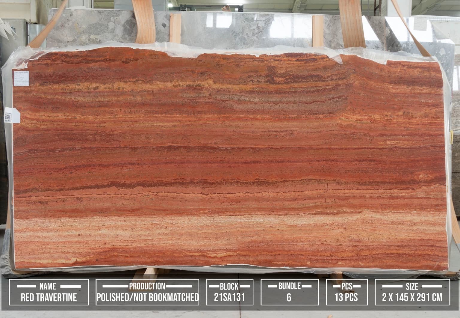 Persian Red Travertine polished slab reference, 291 × 145 × 2 cm, block 21SA131 Persian Red Travertine polished slab reference, 291 × 145 × 2 cm, block 21SA131