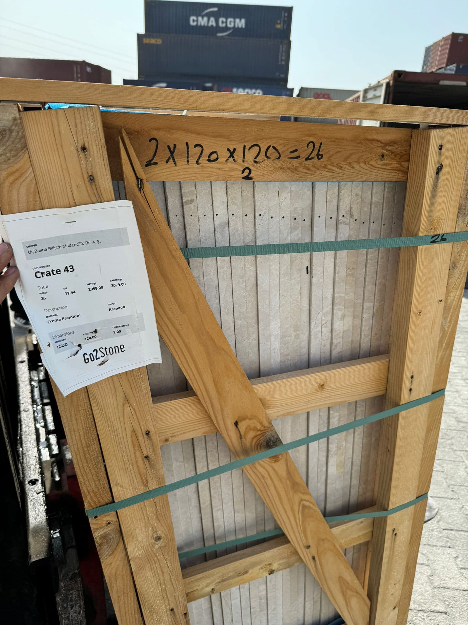 Crema Premium marble (tiles 120x120x2 cm and 60x60x2 cm) — Turkish natural stone shipment loaded at Aliağa, Turkey for Marbella, Málaga, Spain Crema Premium marble (tiles 120x120x2 cm and 60x60x2 cm) — Turkish natural stone shipment loaded at Aliağa, Turkey for Marbella, Málaga, Spain