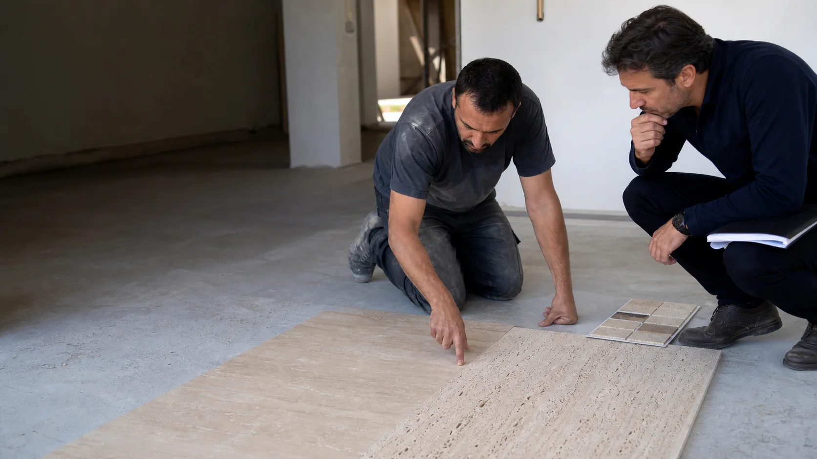 Instalador y arquitecto comparando muestras de suelo de travertino relleno y sin rellenar en una obra